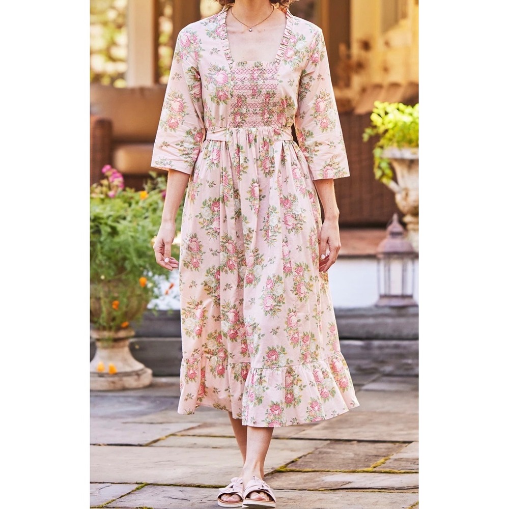 APRIL CORNELL Genevieve Pink Soft Rose Floral Smocked Prairie Midi Dress XXS